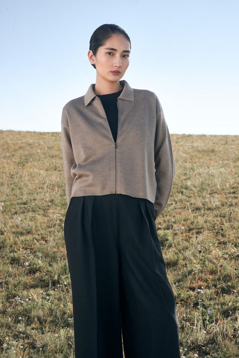 Cashmere-Silk Cropped Zip-Up Cardigan, editorial photo