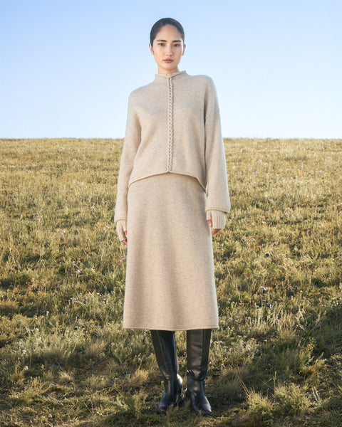 Cashmere Braided-Cable High-Neck Sweater, editorial photo