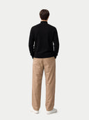 Timeless Mock Neck Cashmere Sweater Black worn by model, back view, on white background