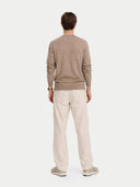 Men's Taupe Cashmere V-Neck Sweater  worn by model, back view on white background