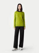 Women's Spinach Green Cashmere Crewneck Sweater worn by model, front view on white background