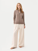 Women's Taupe Cashmere Full-Zip Cardigan worn by model, front view on white background
