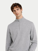 Man wearing a gray half-zip cashmere sweater on a light gray background