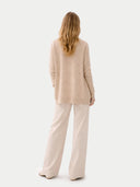 Women's Ajour Knit Open-Front Cashmere Cardigan Beige worn by model, back view on white background