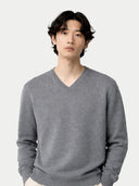 Men's Gray Cashmere V-Neck Sweater  worn by model, detail view on white background
