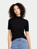 Women's Cashmere Silk Shirt with High Neck Black worn by model, detail view on white background