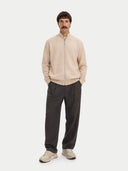 Men's Beige Cashmere Full-Zip Cardigan  worn by model front view on white background  