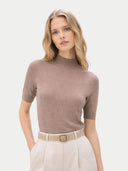 Women's Cashmere Silk Shirt with High Neck Taupe  worn by model, detail view on white background