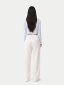Women's Lightweight Cashmere Silk Cardigan Blue worn by model, back view on white background