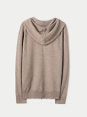 Back view of the taupe cashmere zip hoodie laid flat, showing the hood and ribbed hem