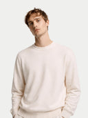 Men's White Cashmere Crew Neck Sweater worn by model detail view on white background