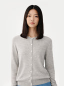 Women's Grey Cashmere Crewneck Cardigan worn by model, detail view on white background