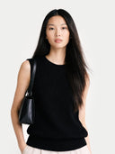 Timeless Cashmere Crewneck Vest Black worn by model, detail view, on white background