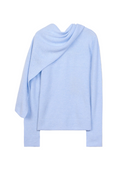 Cashmere Sweater with Draped Scarf in muted blue showcasing draped scarf and subtle sleeve slits.