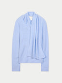 Women's Light Blue Cashmere Sweater with Draped Scarf detail view on white background