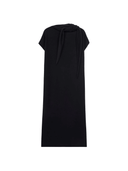 Black cashmere tie-neck sweater dress showcasing a minimalist design with a scarf-tie neckline and clean silhouette.