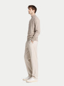 Timeless Mock Neck Cashmere Sweater Taupe worn by model, side view, on white background