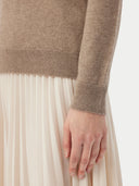 Women's Taupe Cashmere Basic Turtle Neck Sweater worn by model, detail view on white background