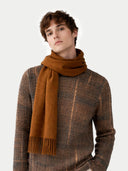 Cashmere Fringed Scarf Otter worn by model, detail view on white background