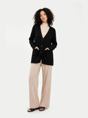 Women's Relaxed-Fit Cashmere Cardigan Black worn by model, front view on white background
