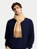 Cashmere Fringed Scarf Toasted Almond worn by model, detail view on white background