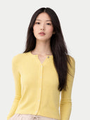Women's Hidden Button-Front Cashmere Silk Cardigan Yellow  worn by model, detail view on white background