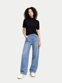 Women's Cashmere Silk Shirt with High Neck Black worn by model, front view on white background