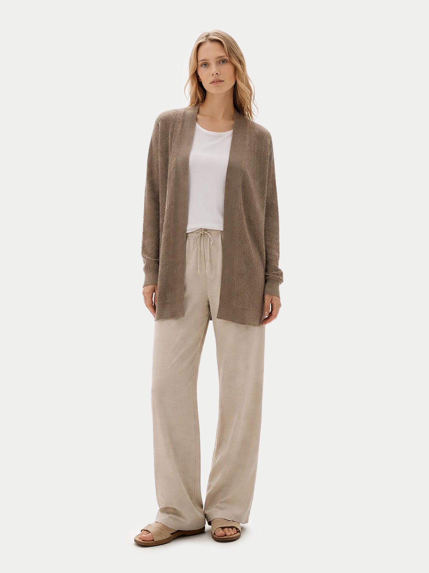 Natural Color Ajour Knit Open-Front Cashmere Cardigan