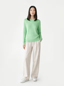 Women's Green Ash Cashmere Crewneck Sweater worn by model, front view on white background