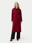 Women’s Double-Breasted Cashmere Coat Bordeaux  worn by model front view on white background