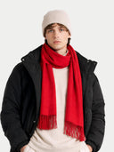 Cashmere Fringed Scarf High Risk worn by model, detail view on white background
