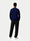 Men's Navy Cashmere V-Neck Sweater  worn by model, back view on white background