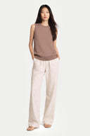 Timeless Cashmere Crewneck Vest Taupe worn by model, front view, on white background