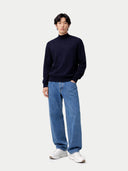 Timeless Mock Neck Cashmere Sweater Navy Blazer worn by model, front view, on white background