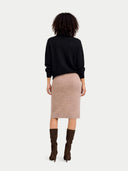 Women Black T-Neck Cashmere Sweater worn by model, back view, on white background