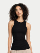 A black ribbed knit sleeveless tank top with a crew neck, displayed flat against a light gray background. #color_black