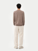 Men's Taupe Crewneck Cashmere Sweater worn by model, back view on white background