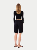 Women's Lightweight Cashmere Silk Cardigan Black worn by model, back view on white background