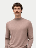 Men Cashmere Silk High Neck  Sweater Taupe worn by model, detail view on white background