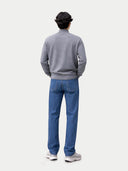 Timeless Mock Neck Cashmere Sweater Dim Gray  worn by model, back view, on white background