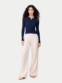 Women's Hidden Button-Front Cashmere Silk Cardigan Navy  worn by model, front view on white background