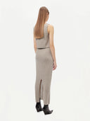 Women's Cashmere Midi Skirt Dawn Blue worn by model, back view on white background