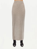 Women's Cashmere Midi Skirt Dawn Blue worn by model, detail view on white background
