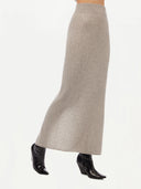 Women's Cashmere Midi Skirt Dawn Blue worn by model, side view on white background