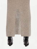 Women's Cashmere Midi Skirt Dawn Blue worn by model, detail view on white background