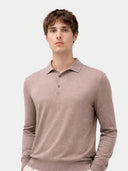 Men Classic Polo Shirt with Long Sleeve Taupe worn by model, detail view on white background