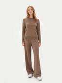 Women's Taupe Cashmere Crewneck Sweater worn by model, front view on white background