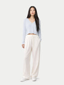 Women's Lightweight Cashmere Silk Cardigan Blue worn by model, front view on white background