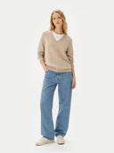 Women's Warm Grey V-Neck Sweater  worn by model, front view on white background