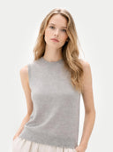 Timeless Cashmere Crewneck Vest Dawn Blue worn by model, detail view, on white background